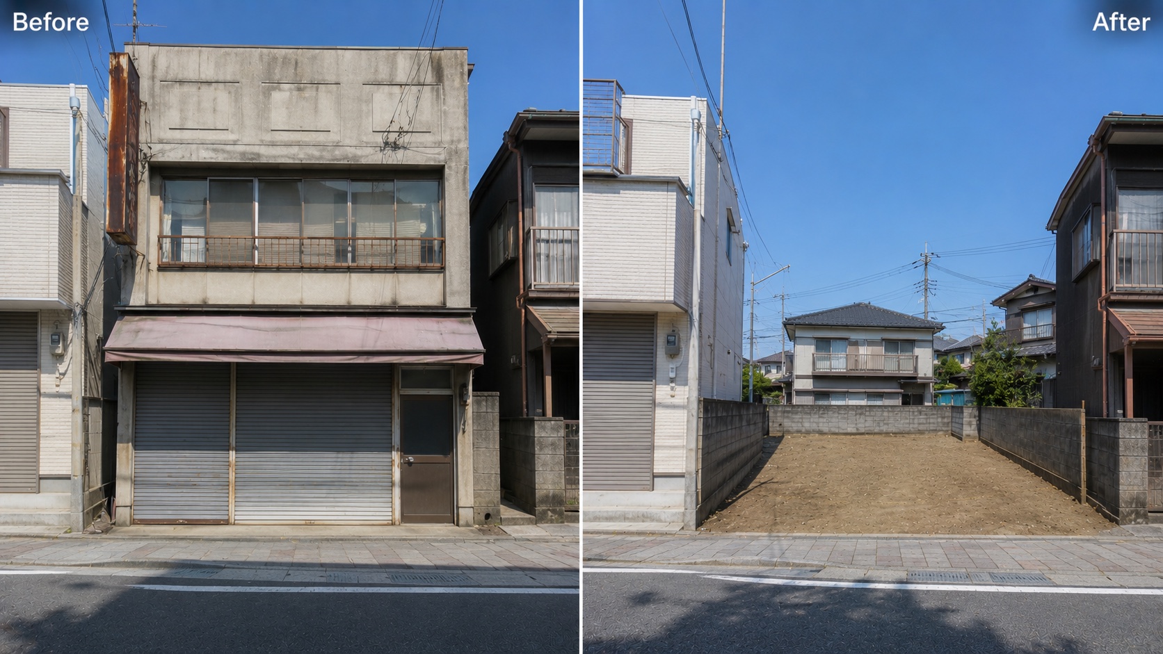 店舗・テナントの解体 ビフォーアフター（サンプル・AI生成）