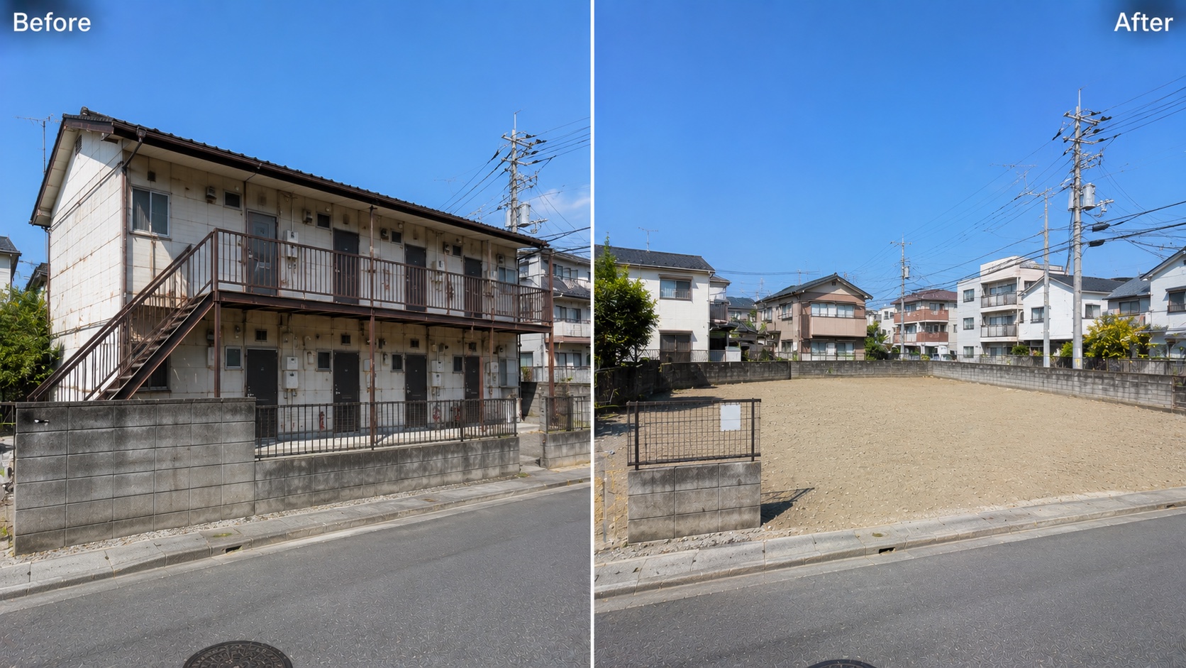 アパート・建物の解体 ビフォーアフター（サンプル・AI生成）